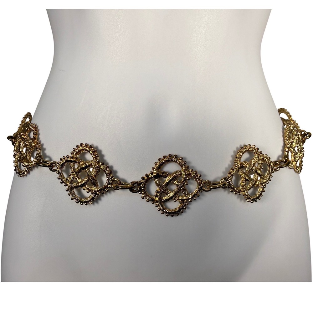 Vintage Gold Tone Filigree Clover Medallion Chain Belt 41" Statement Glam Luxury